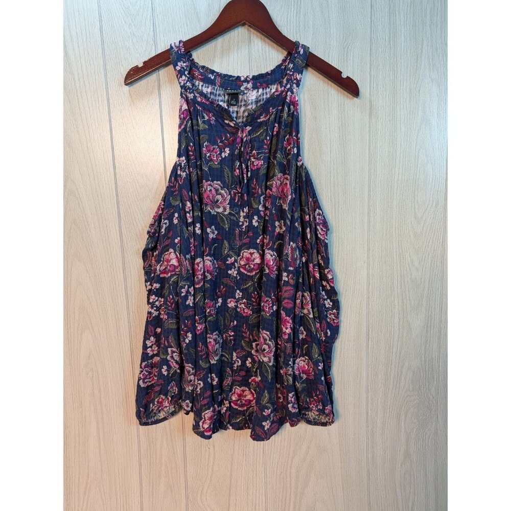 Torrid Cold Shoulder Blouse Top 2X Womans Plus Navy Blue Floral Button Front